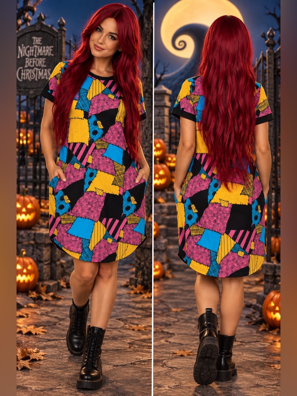 Disney Nightmare Before Christmas Sally Patchwork Dress L w/ Red Wig Pockets
